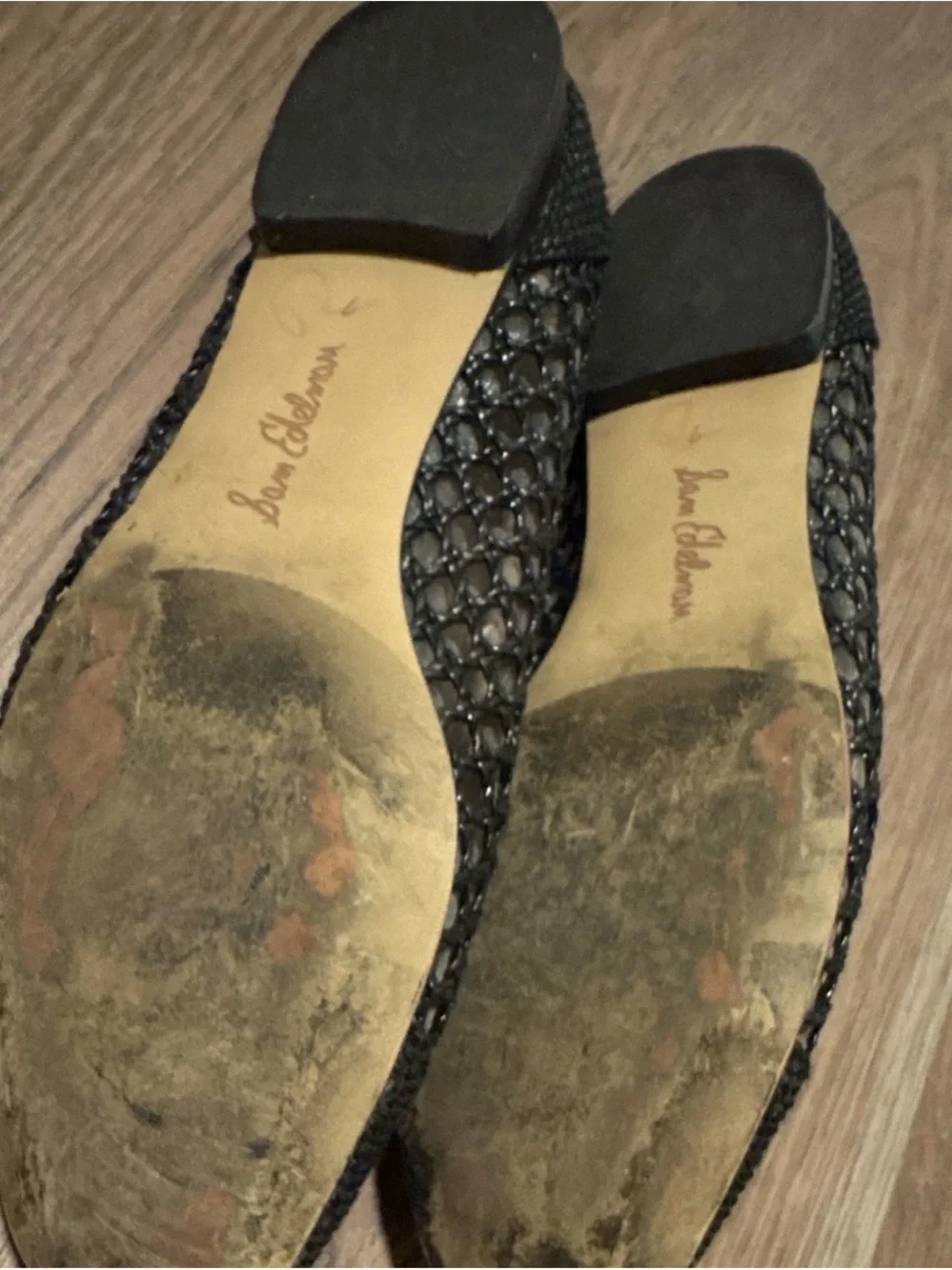 Sam Edelman Black Woven Ballet Flats with Bow and Gold Accents